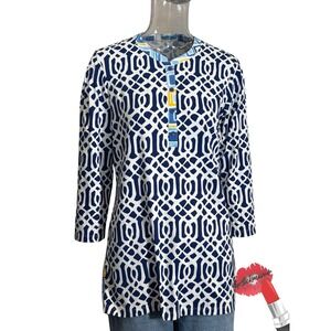 J McLaughlin Tunic Top Medium Blue Geometric Shirt Coastal Beach Resort